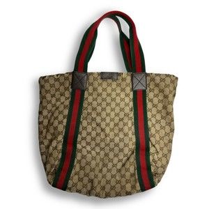 GUCCI Original GG Canvas Web Stripe Beige Used Tote Bag